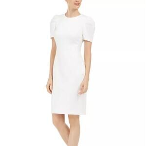 Calvin Klein Sheath Dress Womens Size 16 White Puff Sleeve Old Money Elegant